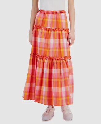 Maxi falda Nautica Jeans para mujer rosa rojo algodón estampado a cuadros con volantes talla M Foto 1 de 2