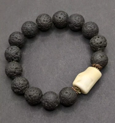 Pulsera elástica con cuentas de piedra de lava de hueso de 14 mm (18 cm) talla M Foto 1 de 4