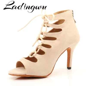 Beige Suede High-top Dance Shoes Women Latin Boots Girl Salsa Ballroom High Heel - Picture 1 of 30
