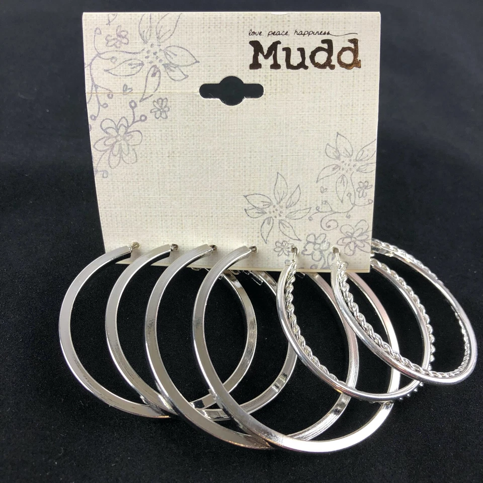 Juego de 3 pares de aretes Mudd tono plata 1,5" -2" aros  Foto 1 de 1