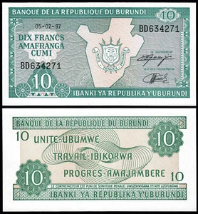 BURUNDI 10 FRANCS 1997 UNC MAP OF BURUNDI WITH ARMS SUPERIMPOSED AT CENTER,TEXT, - Picture 1 of 1