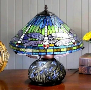 Tiffany Style Deep Blue Dragonfly Stained Glass Table Lamp Elegant Mosaic Base - Picture 1 of 5