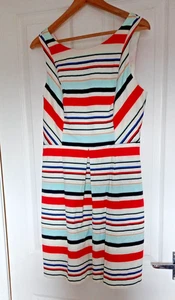 Oasis Women's Fit & Flare Blue, Red and White Striped Dress Size 14 with pocket - Picture 1 of 12