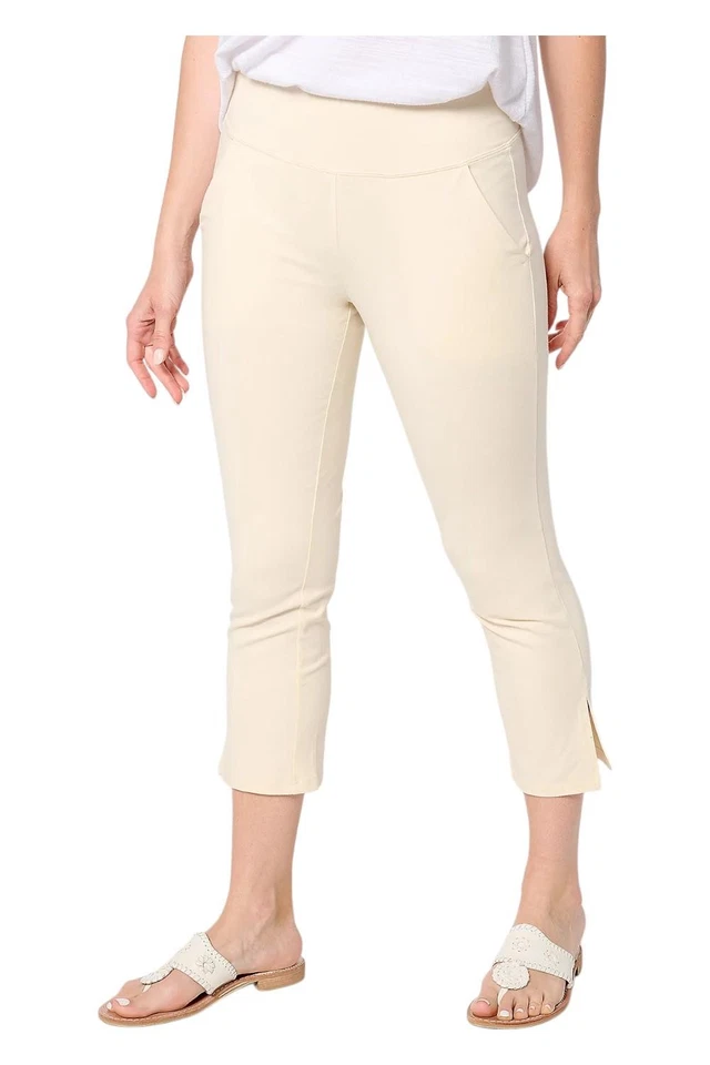 Calças cropped femininas com controle de barriga de malha ecru - Imagem 1 de 1