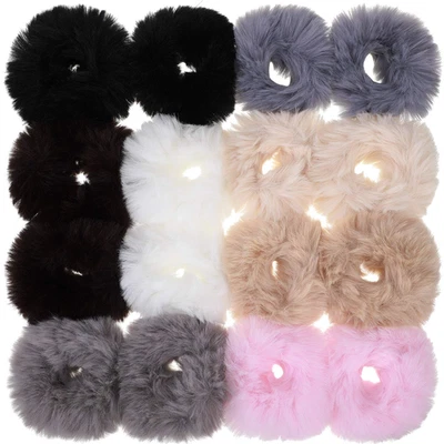 16 Pieces Rabbit Fur Hair Accessories: Fluffy Scrunchies, Pom Pom Hair Ties, and - Image 1 of 4