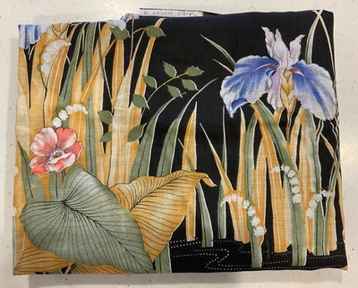Vintage Fabric By Cranston Blue Iris Flowers on Black "Crantex” Made in USA 2 Y - Image 1 of 4