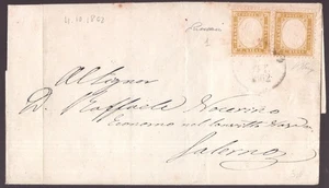 Italia Regno, coppia 10 c. bistro giallastro su lettera del 1862 (Vaccari) -HB45 - Picture 1 of 4