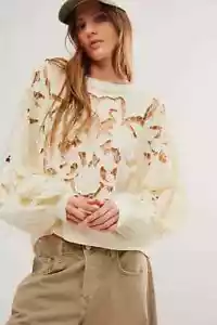 Free People Breezy Sweatshirt Pullover Top Floral Ribbed Oversized S NWT 271726 - Picture 1 of 9