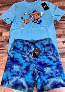 NWT Under Armour YMD Boy Teal Blue/Purple Traveling Basketball Shorts Set Medium - Picture 1 of 5