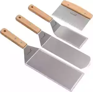 Commercial Quality Stainless Steel Spatula Set Metal Grill Turner Wooden Handle - Picture 1 of 4