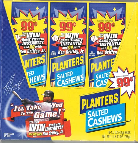 2001 Ken Griffey Jr. Planters Nuts Cashews Box (Flat) Win Game Tickets Contest Cover