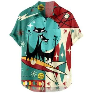 Camisa vintage de manga corta con estampado de gato Camisa estampada hawaiana para hombre - Imagen 1 de 28