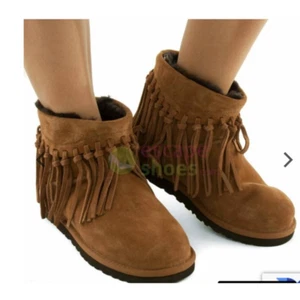 UGG Wynona Chestnut Leather w Brown Sheepskin Lining Fringe Detail Ankle Boots 7 - Picture 1 of 12