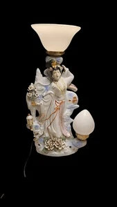 Vintage Oriental Japan Geisha Table Lamp Porcelain Floral With Shade 20" - Picture 1 of 7