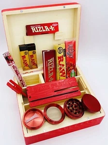 Caja de madera ROJA Rizla papel rodante puntas crudas cucaracha Dank tabla amoladora de metal conos - Imagen 1 de 13