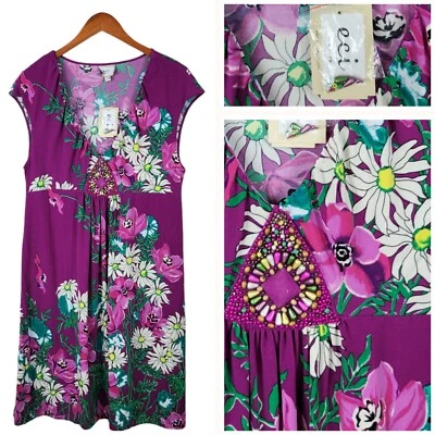 Новый ECI размер 14 платье эластичной фиолетовый цветочный бисером спереди колена длина зеленый - Изображение 1 из 4