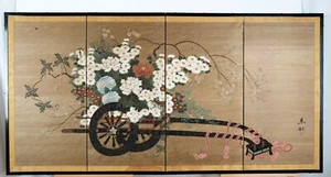 Carrello a fiori giapponese Byobu a 4 pannelli firmato a mano e dipinto schermo pieghevole in perfette condizioni + - Foto 1 di 12