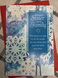 Hallmark Frohe Weihnachten Karte Liebe Schwester Familie Schneeflocken 8x5,25 Ausdruck - Bild 1 von 4