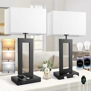 3-Color Bedroom Lamp, Touch Control Nightstand Lamp with USB Port and AC Outlet - Picture 1 of 7