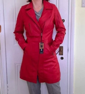 Women's Red Leather Jacket Mid-length Size 8Uk BNWT Sheepskin Zip Opening - Picture 1 of 14
