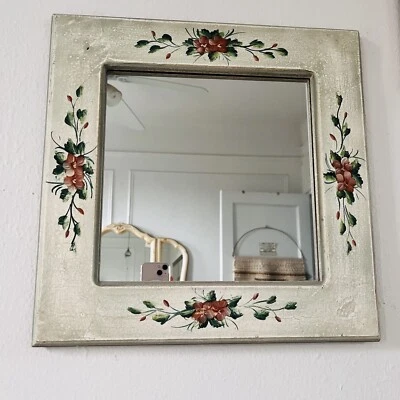 Vintage Hand Painted Floral Mirror Shabby Chic Cottage Wall Home Decor VTG - Image 1 of 4