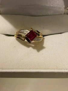 2Ct Princess Simulated Ruby/Diamond Engagement Ring 14K Yellow Gold Plated - Picture 1 of 3