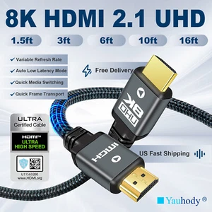 8K HDMI Cable HDMI 2.1 Ultra HD 48Gbps High Speed HDR 10+ HDTV 3D Dolby Atmos - Picture 1 of 12