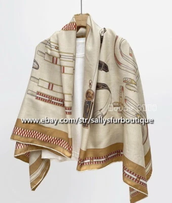 Sallys 80% Cashmere & 20% Silk Wrap Scarf Belt Saddle Print Square Shawl 53" - Image 1 of 4