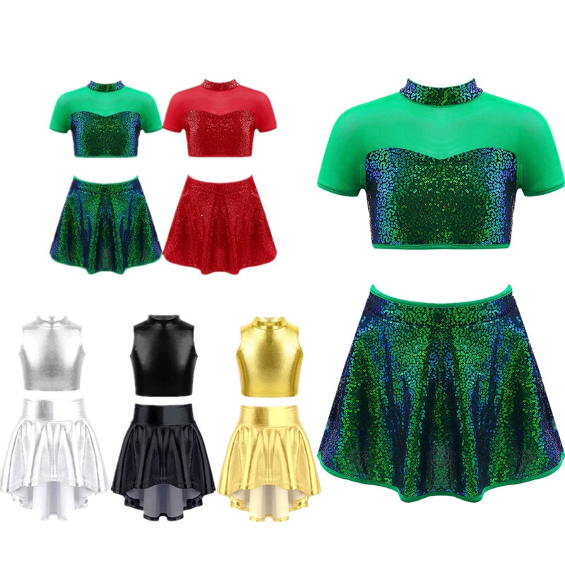 Girls 2Pcs Sequins Crop Top with Skirts Sets Child Leotard Gym Workout Outfits - Image 1 of 1
