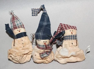 Cute Distressed Fabric Snowmen Christmas Ornaments (3) Plaid Hats Scraves 3” Tal - Picture 1 of 4