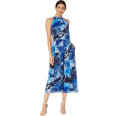 NEW Maggy London Chiffon Print Halter Jumpsuit 14 Navy Blue Wide Leg High Rise - Image 1 of 4