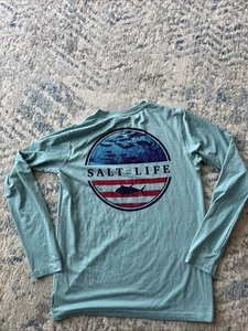 Salt Life Youth T Shirt Long Sleeve size M UVA UVAPOR Teal Blue Flag SLX - Picture 1 of 3