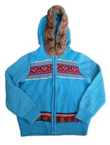 Maglione Hanna Andersson 120 6-7 blu maglia full zip 100% cotone pelliccia sintetica cappuccio usato in ottime condizioni - Foto 1 di 17