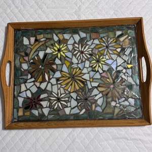 Vintage Mosaik, Serviertablett, Glas Epoxid Blumen Holz Mid Century 17" groß - Bild 1 von 14
