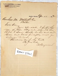 1912 Miles Texas LETTERHEAD C.M. CAMPBELL & SONS LUMBER I.H. FERGUSON - Picture 1 of 1