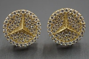 Aretes de circonita cúbica Mercedes Benz de alta calidad de oro amarillo macizo de 10K. - Imagen 1 de 8