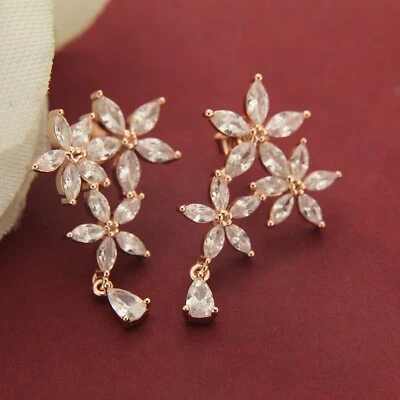 1.25 Ct Marquise Simulated Diamond Flower Dangle Earrings 14K Rose Gold Plated - Image 1 of 4
