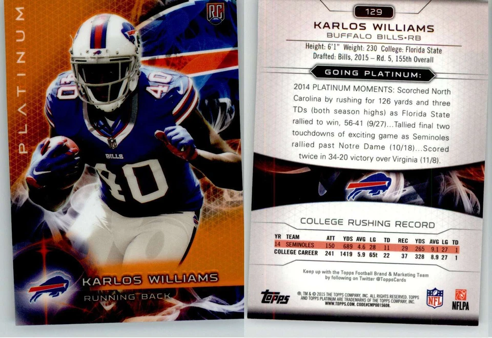 Karlos Williams 2015 Topps Platinum Orange #129 Florida St Bills RC Rookie - Image 1 of 1