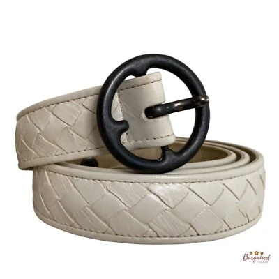 Authentic Bottega Veneta Cream Leather Intrecciato Woven Leather Belt Size 90/36 - Image 1 of 4