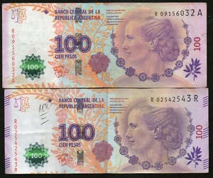 ARGENTINA LOT 2 REPLACEMENT NOTE 100 PESOS 2015 2016 P#358b 358c (R)  - Picture 1 of 2