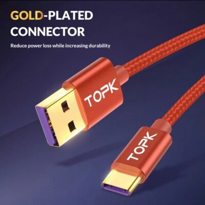 TOPK USB Type C GOLD Plated 5A SUPER Fast Charger Cable Smartphone,Laptop,Tablet - Image 1 of 4