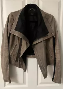 VEDA NYC Gray/Brownish Leather Jacket Size M Distressed Cowl Neck Snap Closure - Picture 1 of 19