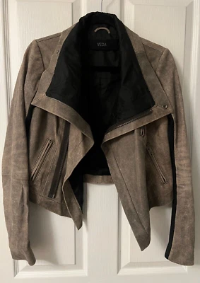 VEDA NYC Gray/Brownish Leather Jacket Size M  Distressed Cowl Neck Snap Closure - Image 1 of 4