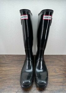 Hunter Womens Boots Size 7 Wellies Tall Black Gloss Waterproof Rain Boots
