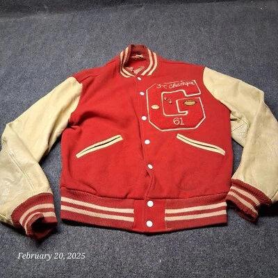 Vintage Rockabilly Wool Varisty Bomber Jacket Men Size 42 Red 60s Champs Pins - Image 1 of 4