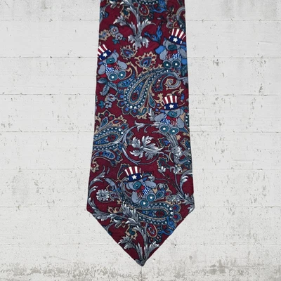 90 年代复古美国泰迪熊丝绸红色佩斯利爱国者 Carlo Battini 领带 — 第 1/4 张图片