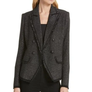 Zweireihiger Blazer Veronica Beard Schwarz Metallic Silber Tweed Rohkante 4 - Bild 1 von 11