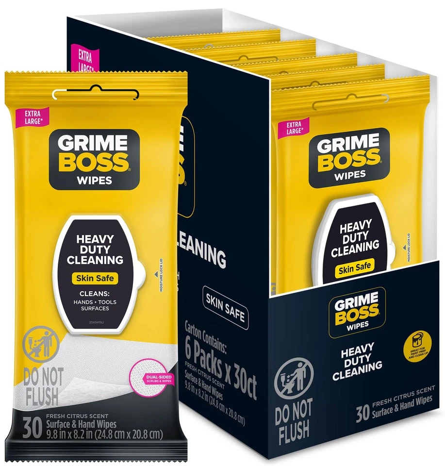 Grime Boss Household Cleaning Heavy Duty Hand Wipes 6 Packs of 30 Each