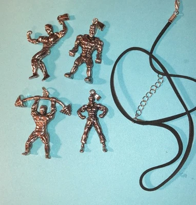 4 Dijes Colgante Levantador de Pesas Tono Plata Collar Hombre’s Negro Gamuza Cordón Grueso Foto 1 de 2