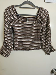 Anthropologie Square Neck Smocked Top Womens XS Brown Stripe Puffed Sleeve - Picture 1 of 7